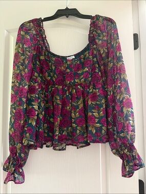 Blu Pepper Dark Green Floral Peasant Blouse with Magenta Roses